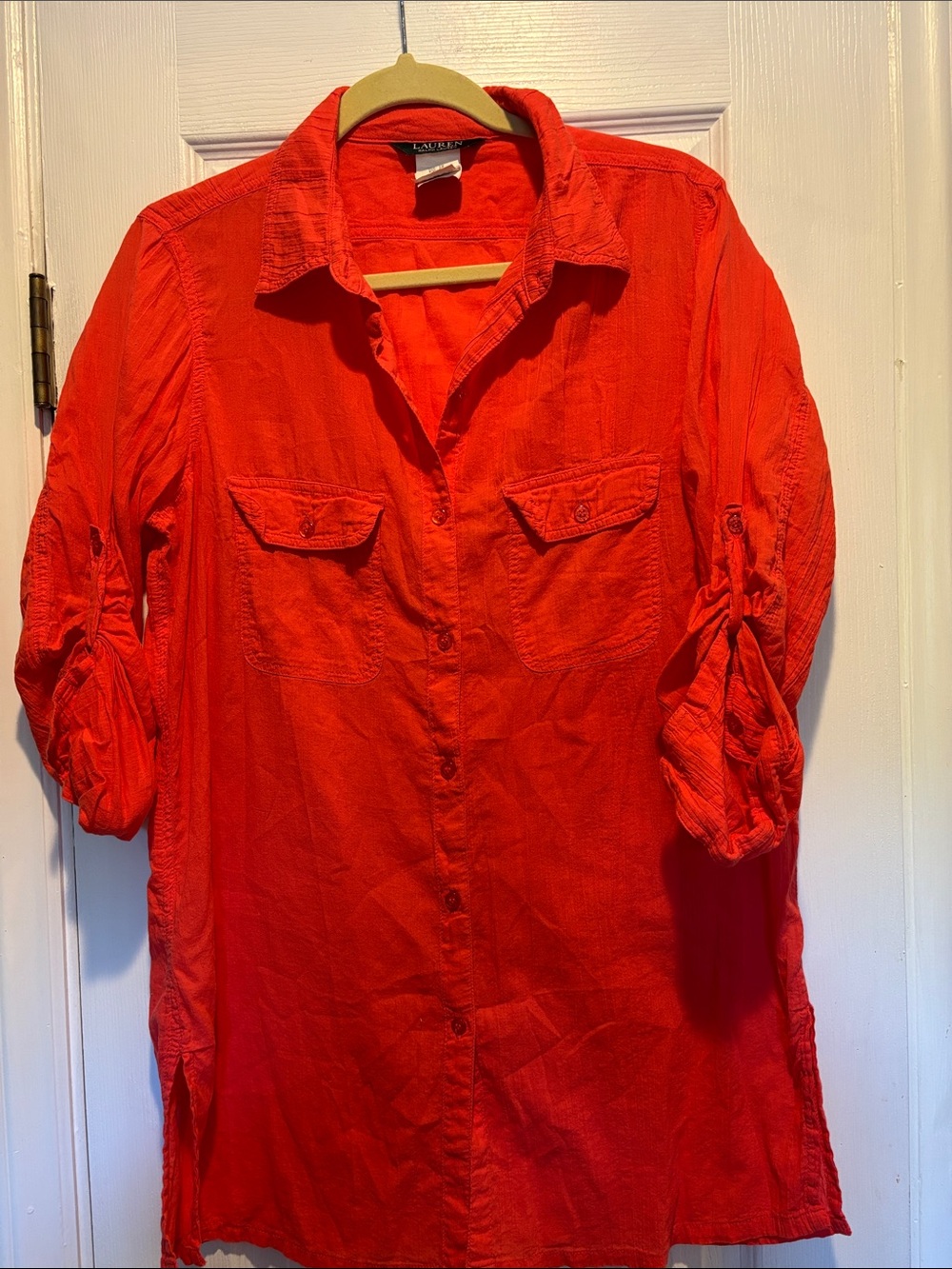 Ralph Lauren Bright Coral Button-Up 100% cotton Medium Side Slits Roll Tab